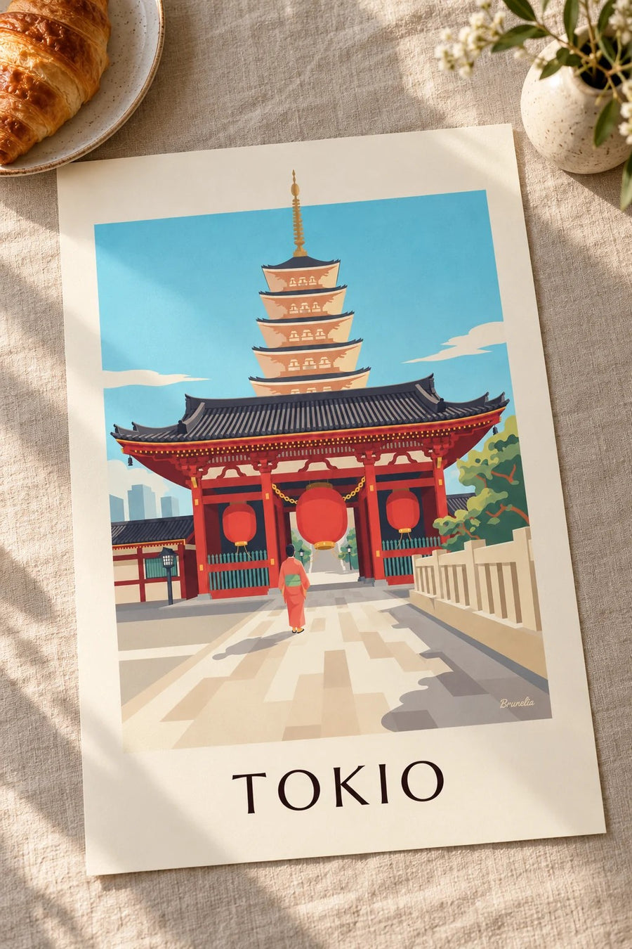 Senso-ji-temppeli ja iso punainen lyhty Tokiossa -juliste: pöydälle asetettuna