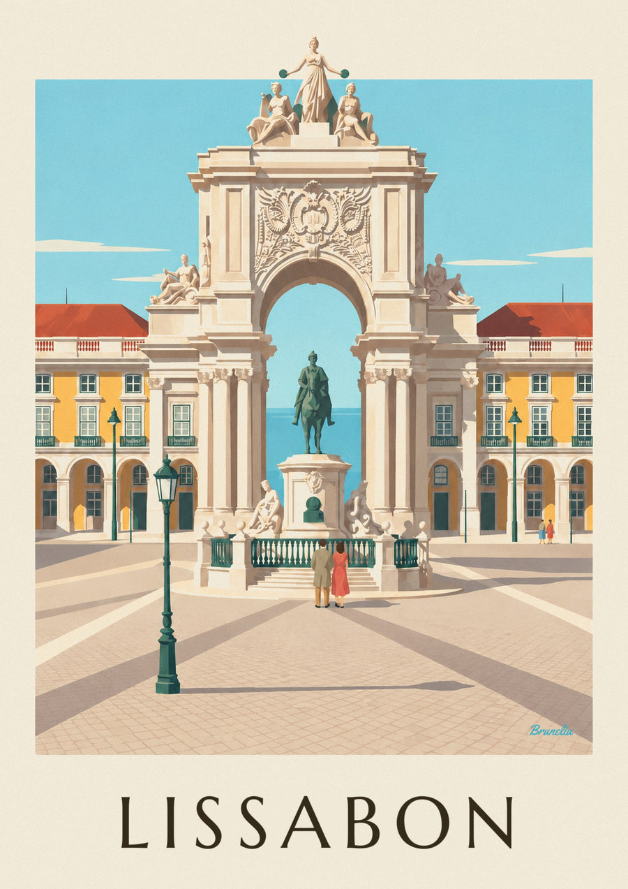 Juliste Praça do Comércio ja Rua Augustan kaari Lissabonissa