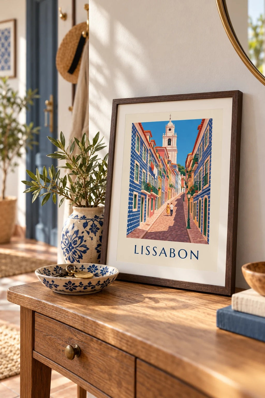 Juliste Lissabonin kuja azulejo-julkisivuineen: pieni A4-koko kehystettynä