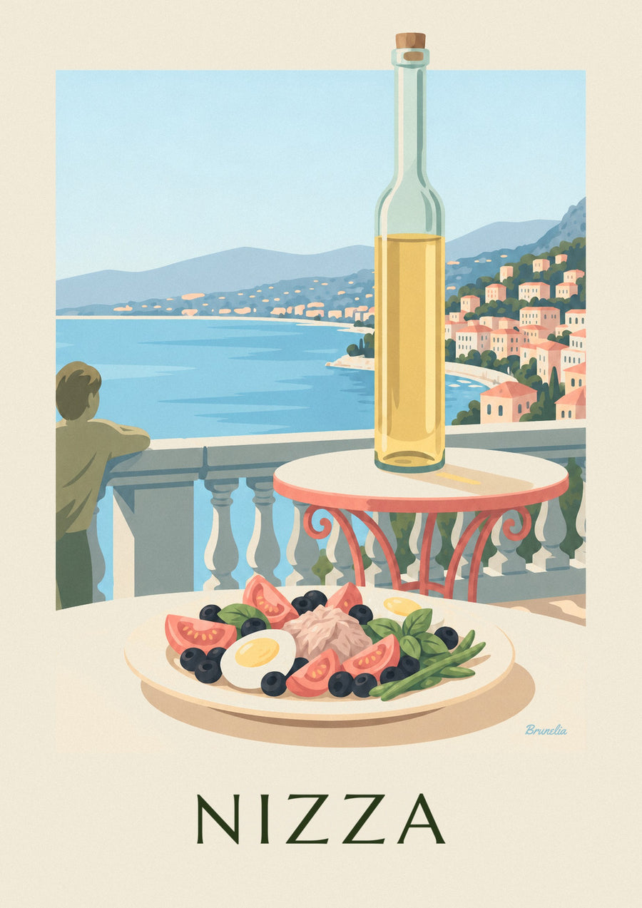 Juliste niçoise-salaatti merenrantaterassilla