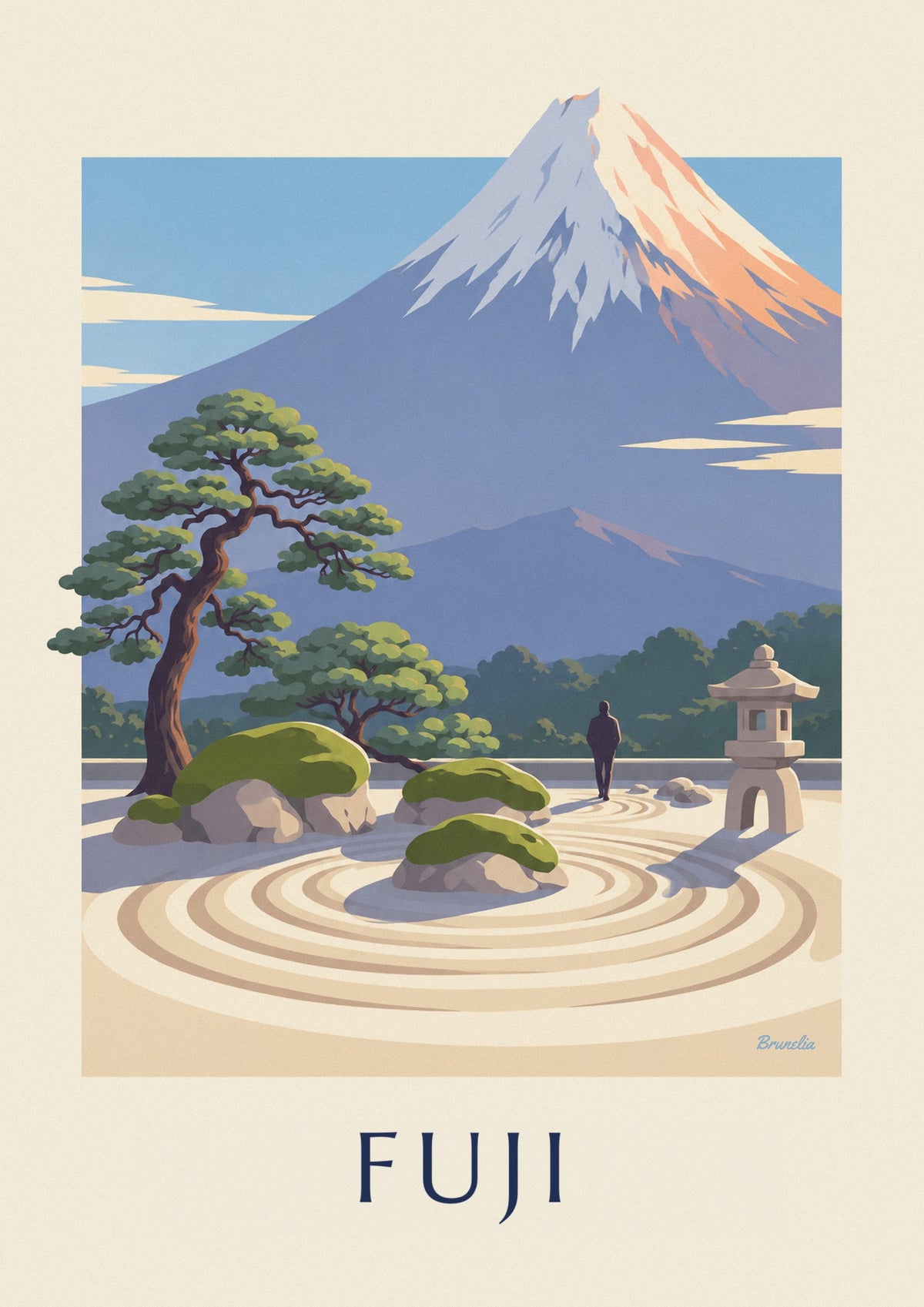 Juliste japanilainen zen-puutarha ja Fuji-vuori