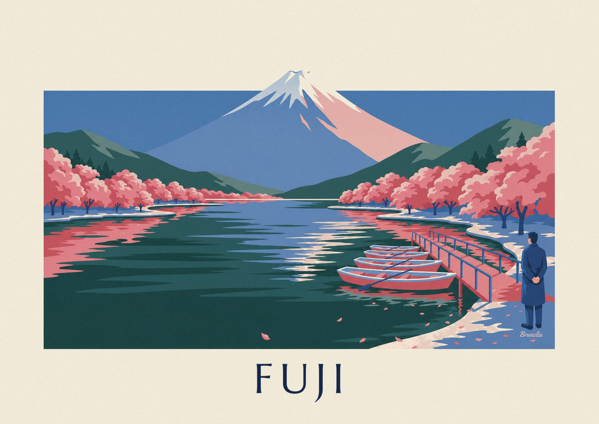 Juliste Fuji-vuori, kukkivat kirsikkapuut ja veneet laiturissa