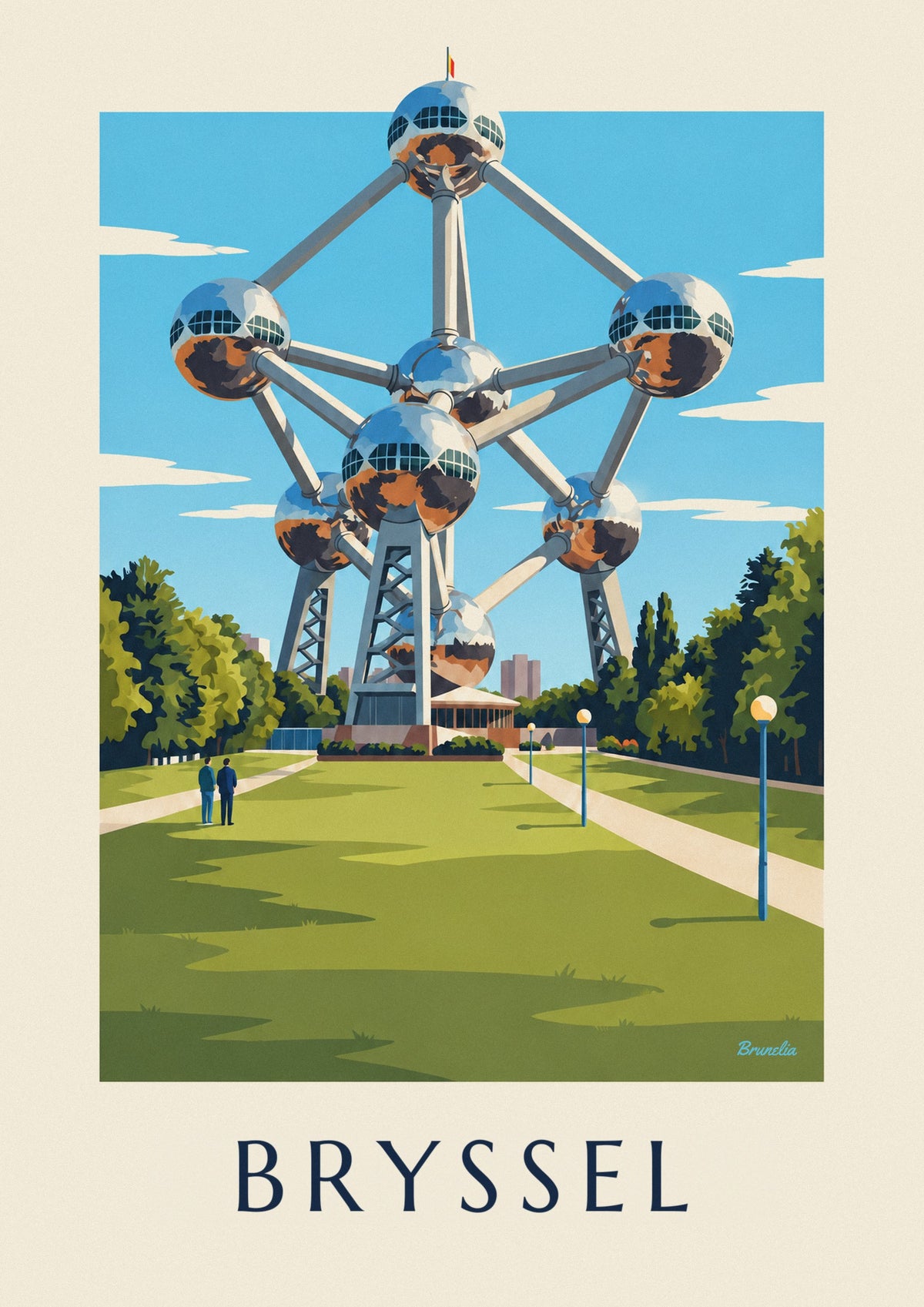 Juliste Brysselin Atomium ja puiston nurmikot