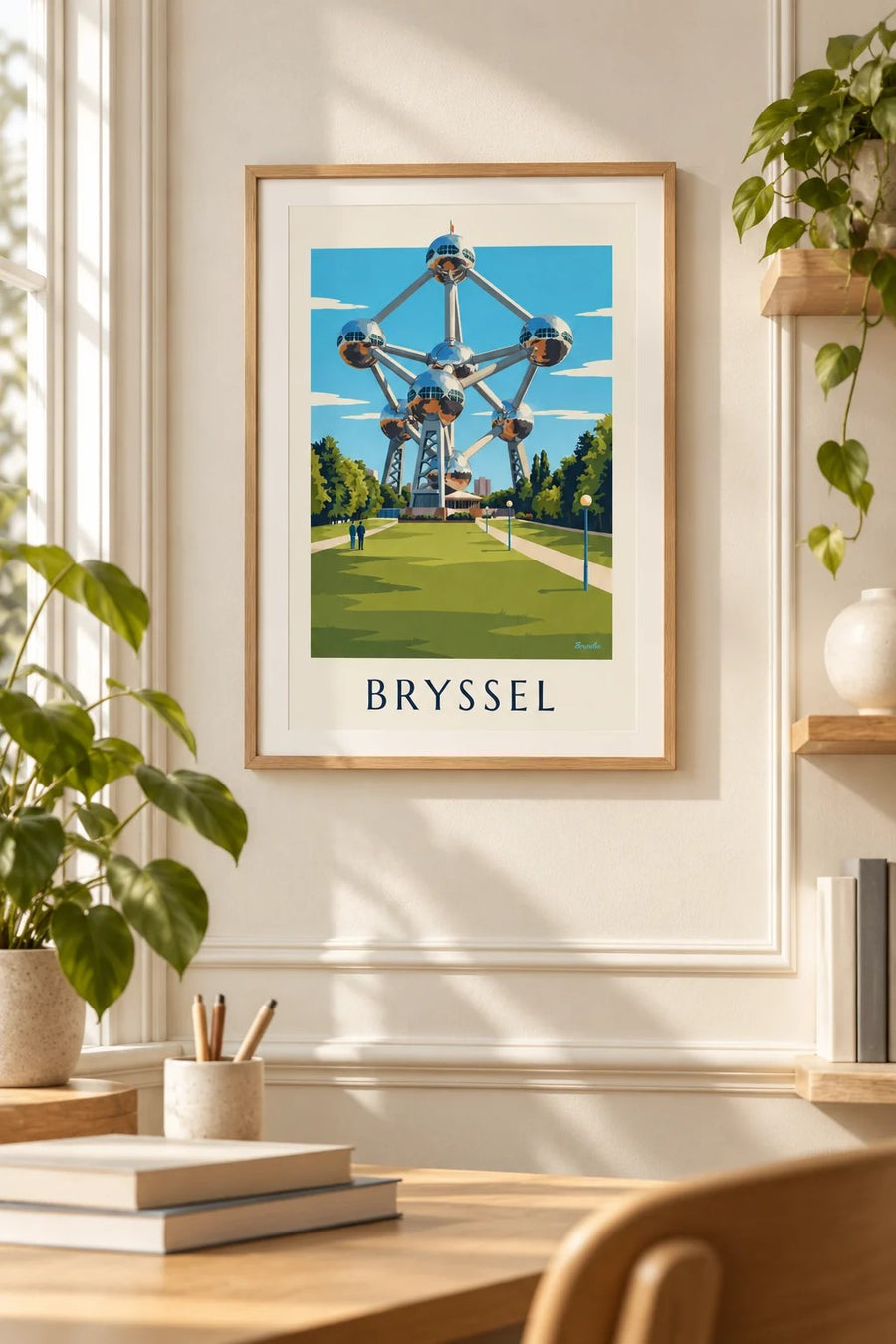 Juliste Brysselin Atomium ja puiston nurmikot: pieni A4-koko kehyksissä