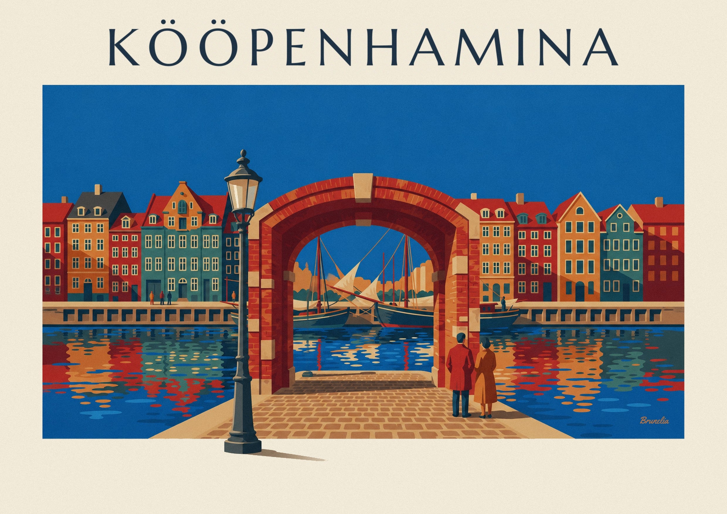 Juliste Nyhavnin värikkäät talot ja vanhat purjeveneet, Kööpenhamina: lähikuva yksityiskohdasta