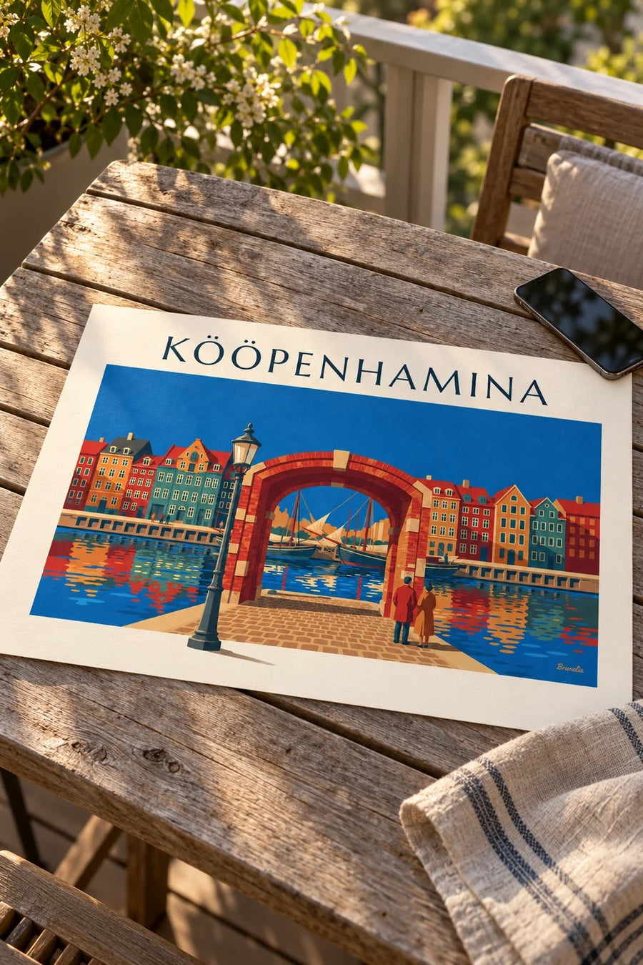 Juliste Nyhavnin värikkäät talot ja vanhat purjeveneet, Kööpenhamina: pöydällä