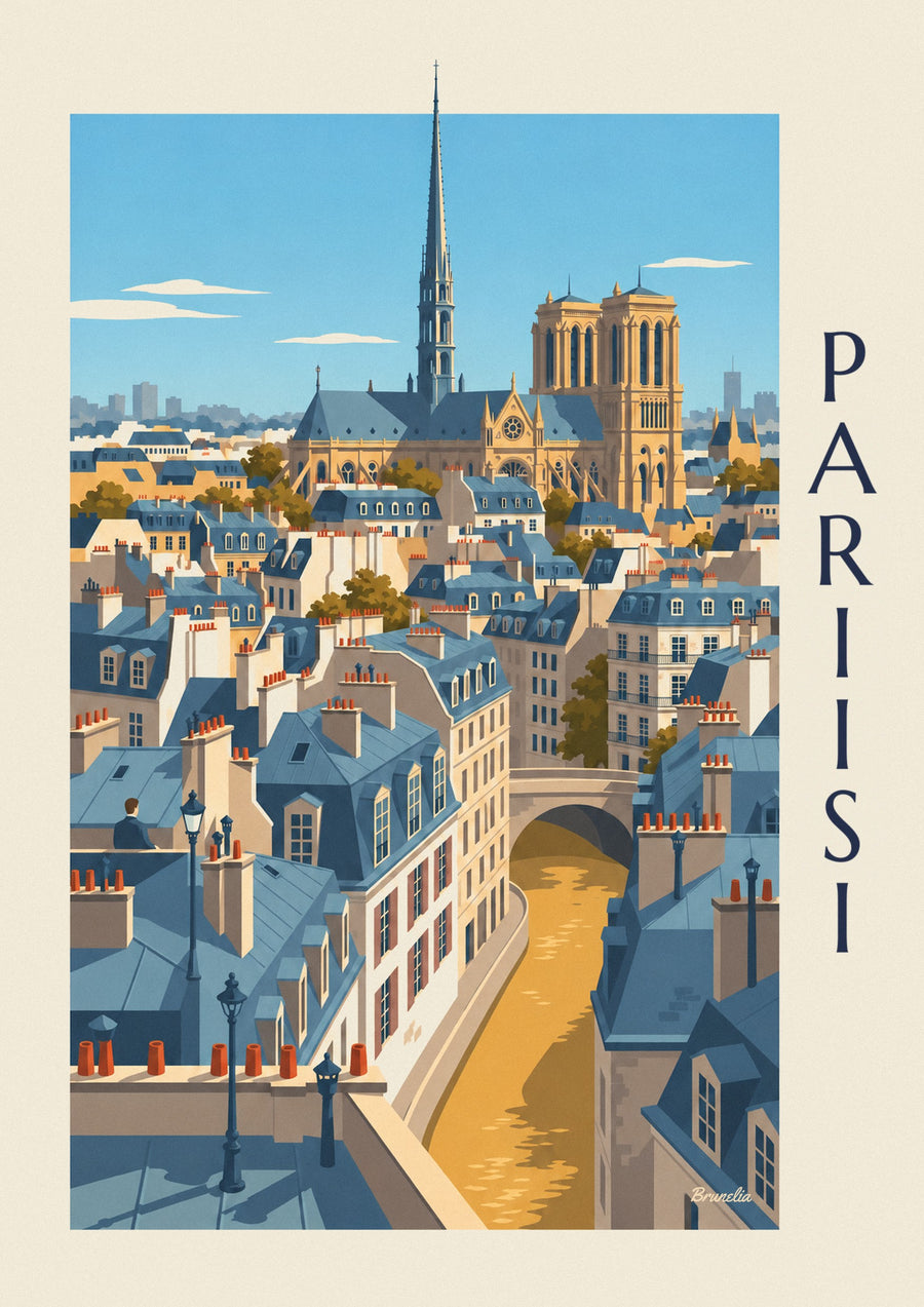 Pariisin Haussmann-tyyliset katot ja Notre-Damen katedraali -juliste