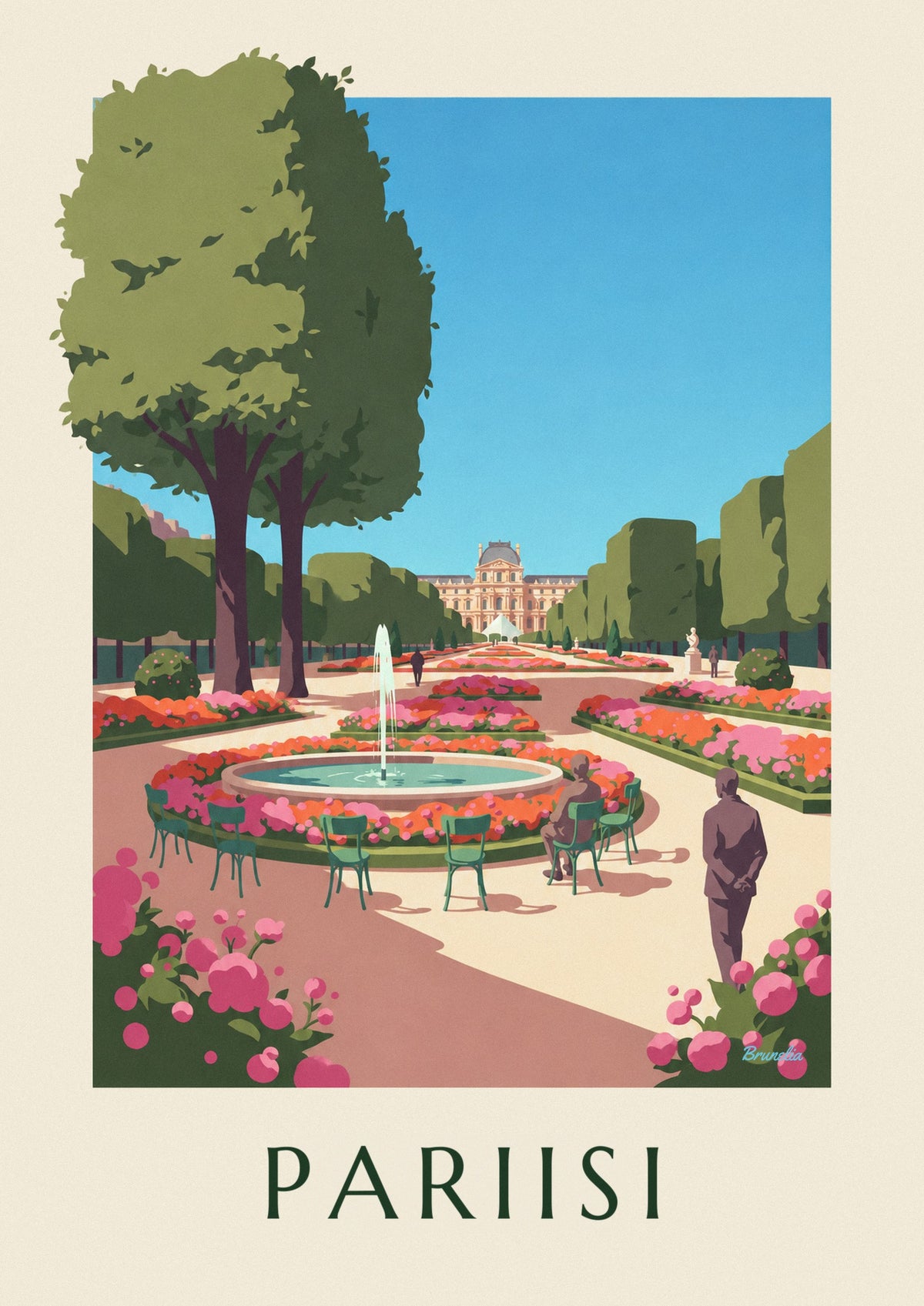Juliste Tuileries'n puutarha kukassa ja Louvre
