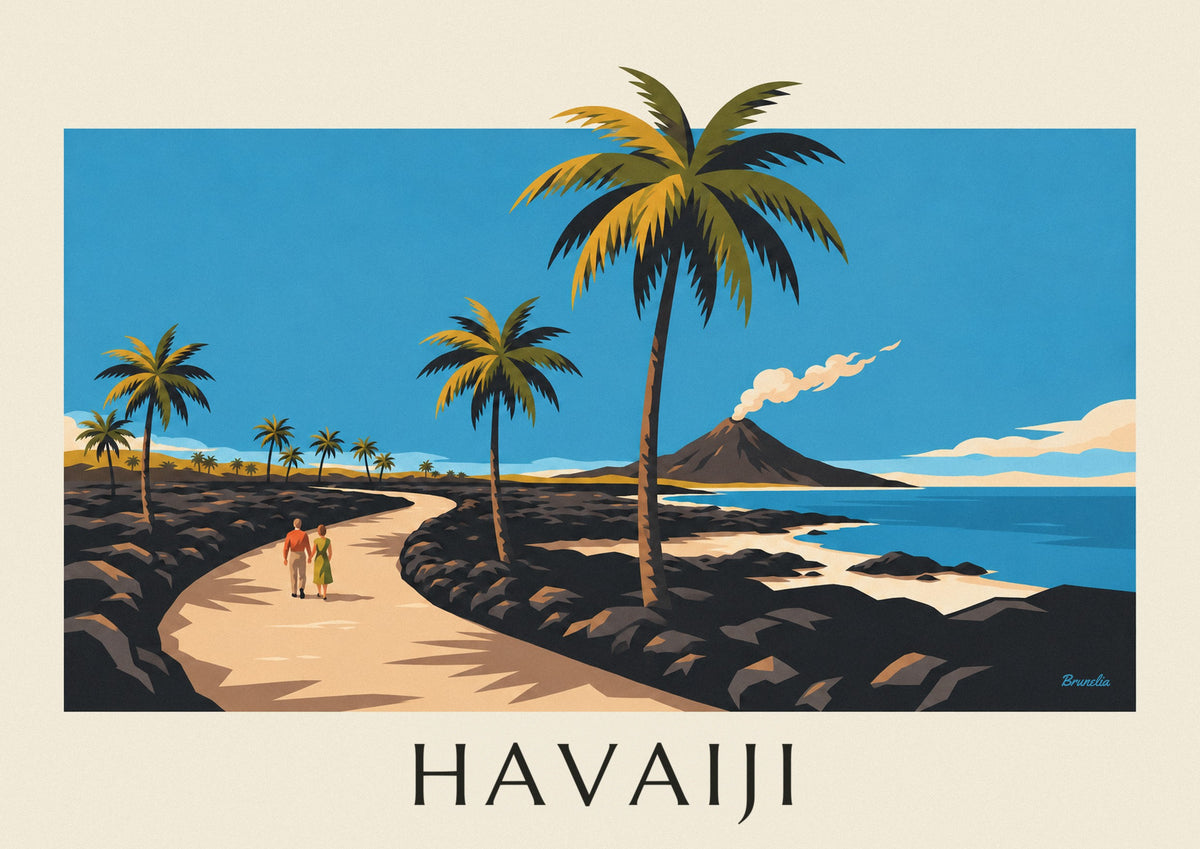 Hawaiji-juliste: tie palmujen ja tulivuoren keskellä