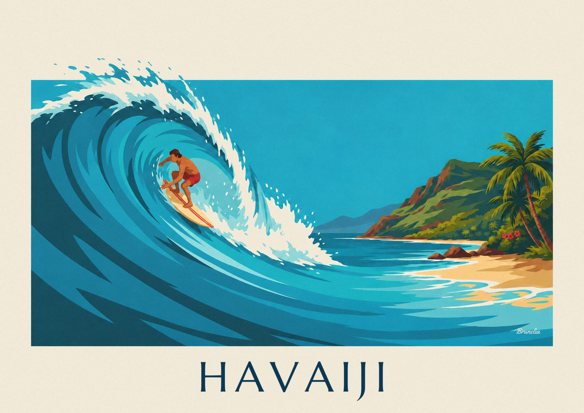 Havaiji-juliste surffaaja ja turkoosi trooppinen aalto