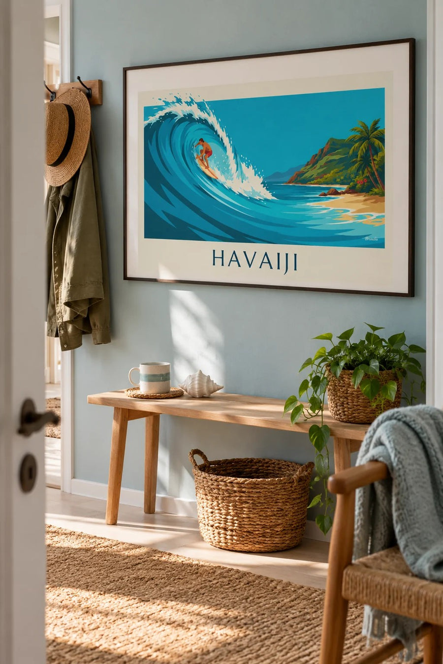 Havaiji-juliste surffaaja ja turkoosi trooppinen aalto: kehystettynä seinällä