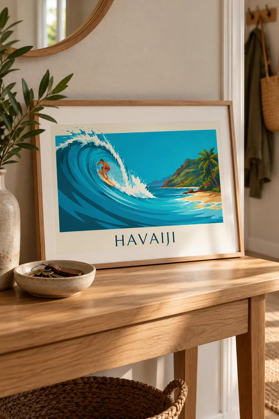 Havaiji-juliste surffaaja ja turkoosi trooppinen aalto: pieni A4-koko, kehystettynä