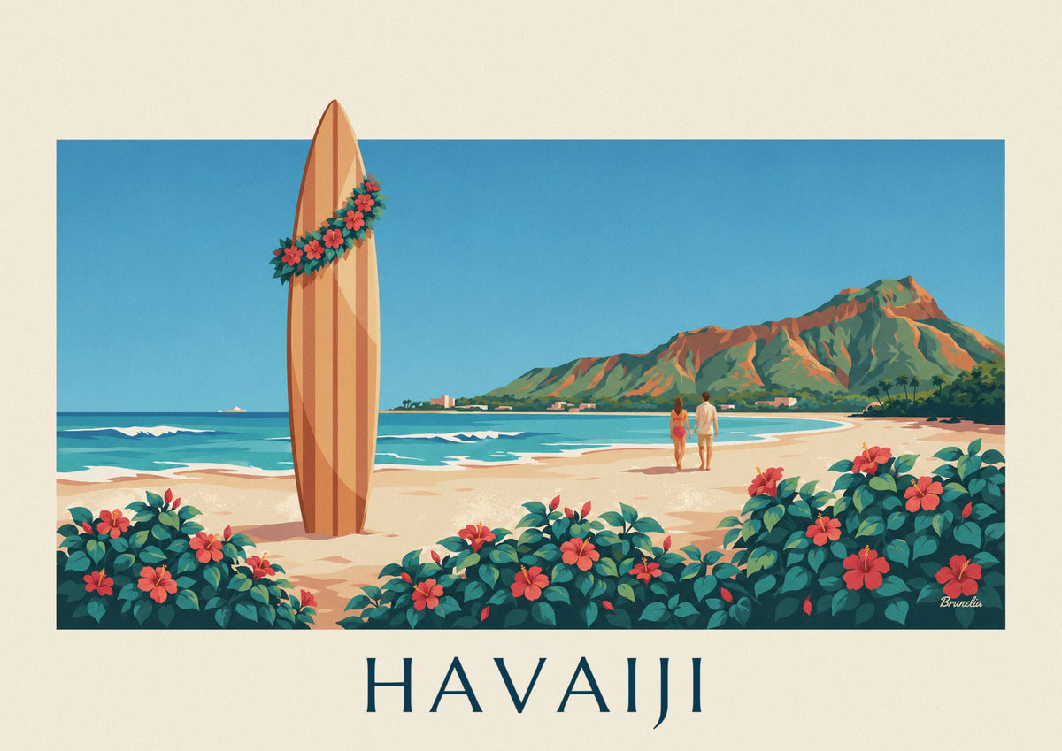 Juliste surffilaudasta ja hibiskuksista Diamond Headin edessä, Havaiji