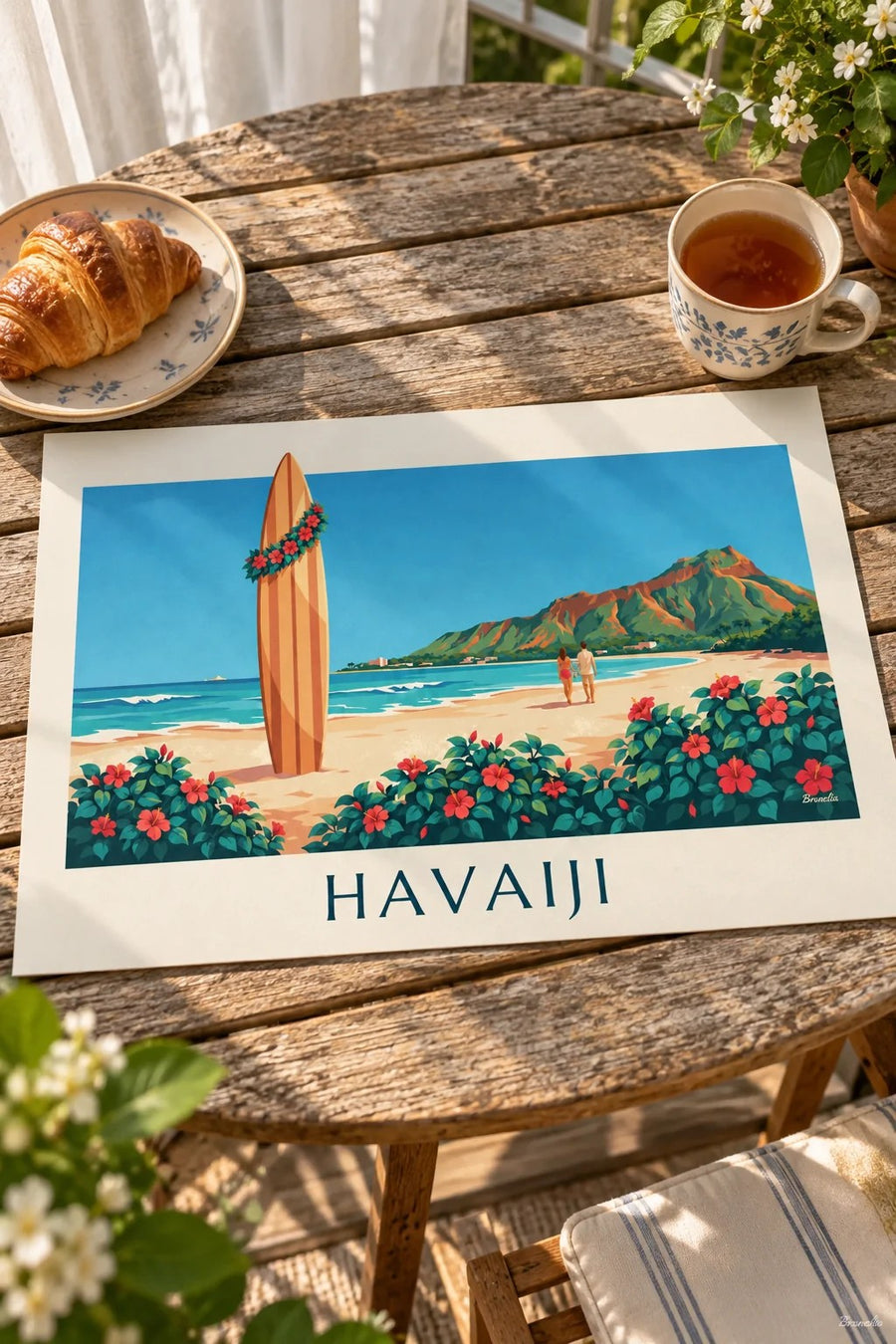 Juliste surffilaudasta ja hibiskuksista Diamond Headin edessä, Havaiji: pöydällä