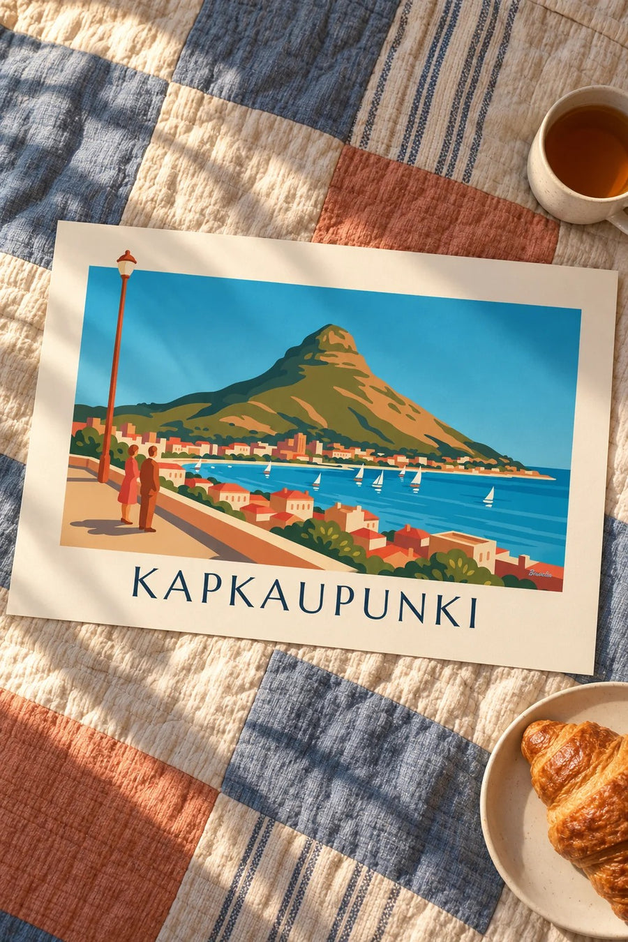 Juliste Kapkaupunki, Lion's Head ja purjeveneiden täyttämä lahti rantakadulta nähtynä: Pöytävuori Kapkaupungin lahdelta nähtynä, pieni A4-koko kehyksissä