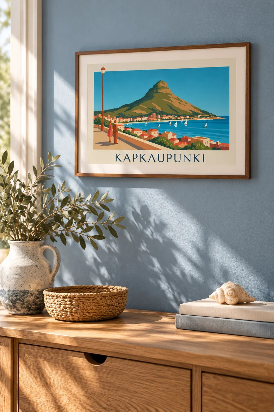 Juliste Kapkaupunki, Lion's Head ja purjeveneiden täyttämä lahti rantakadulta nähtynä: pieni A4-koko kehystettynä