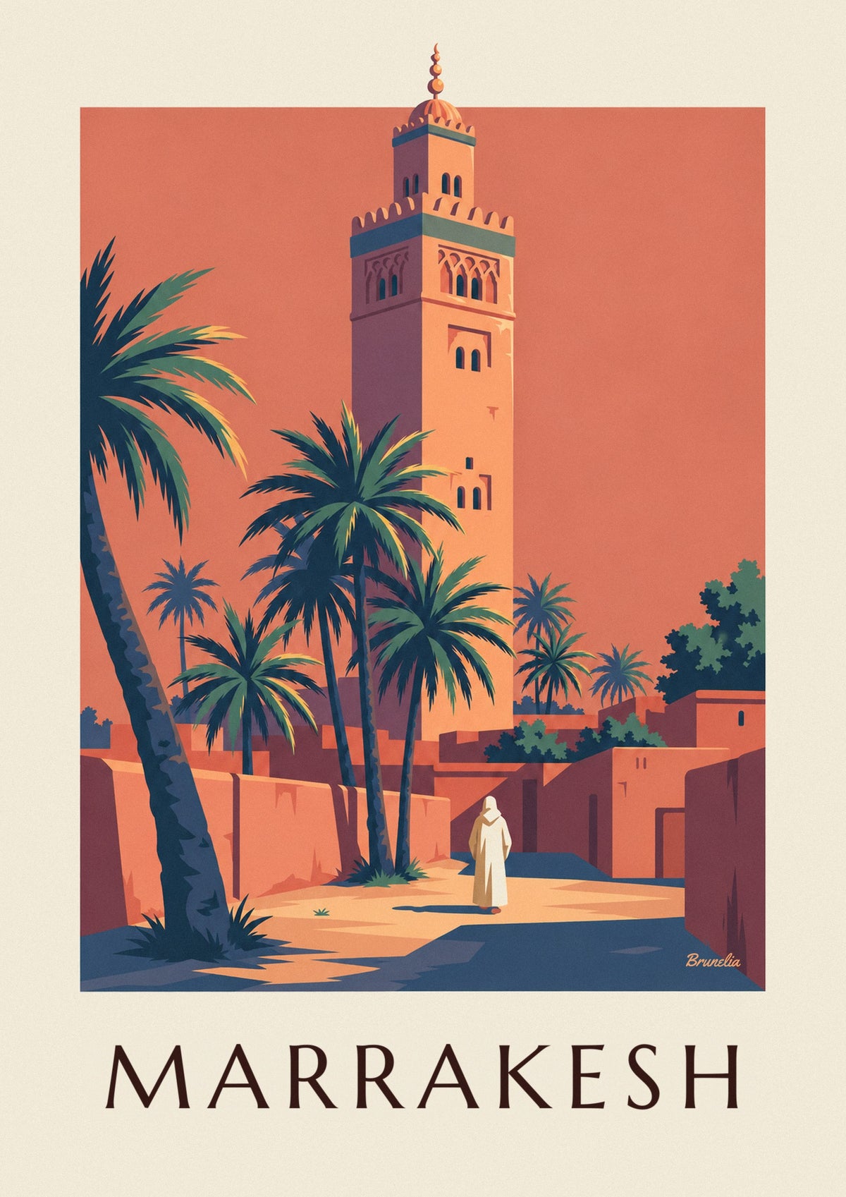 Juliste valaistu Koutoubian minareetti Marrakechissa hämärässä