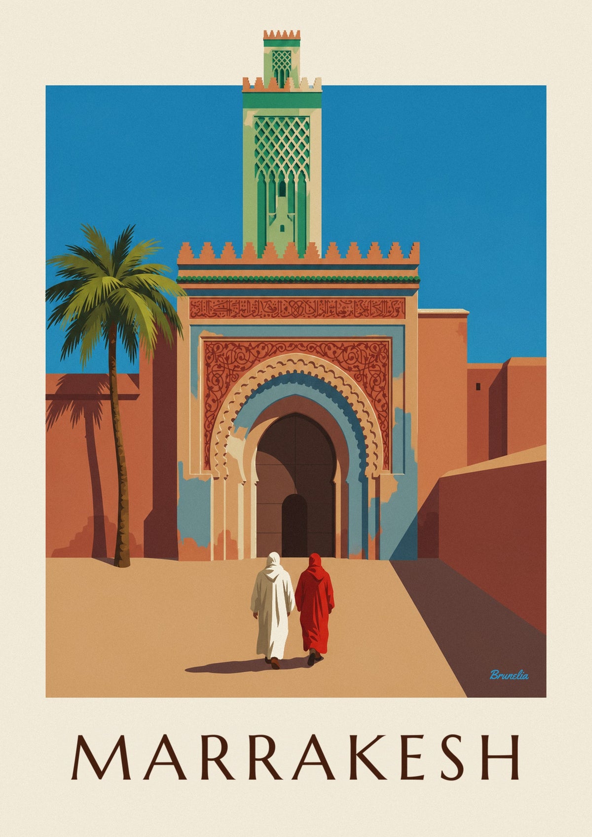 Juliste Bab Agnaou -portti ja minareetti Marrakechissa