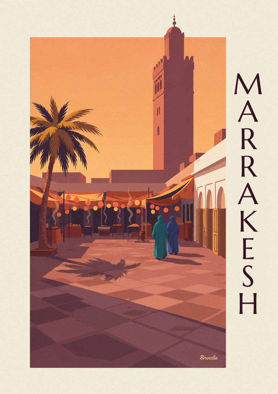Juliste Jemaa el-Fna -tori Marrakechissa hämärässä