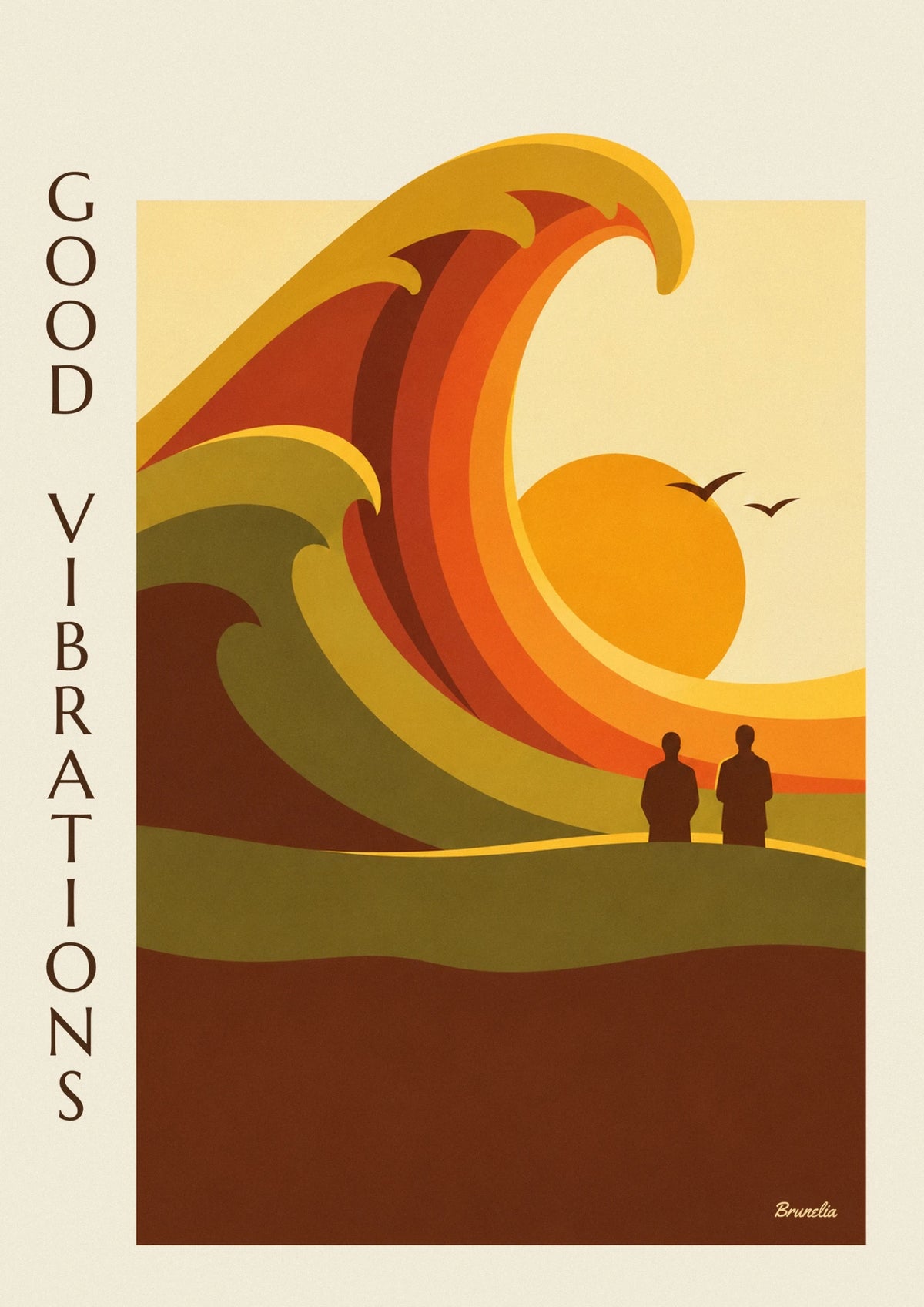 Abstract wavy shapes and rising sun poster