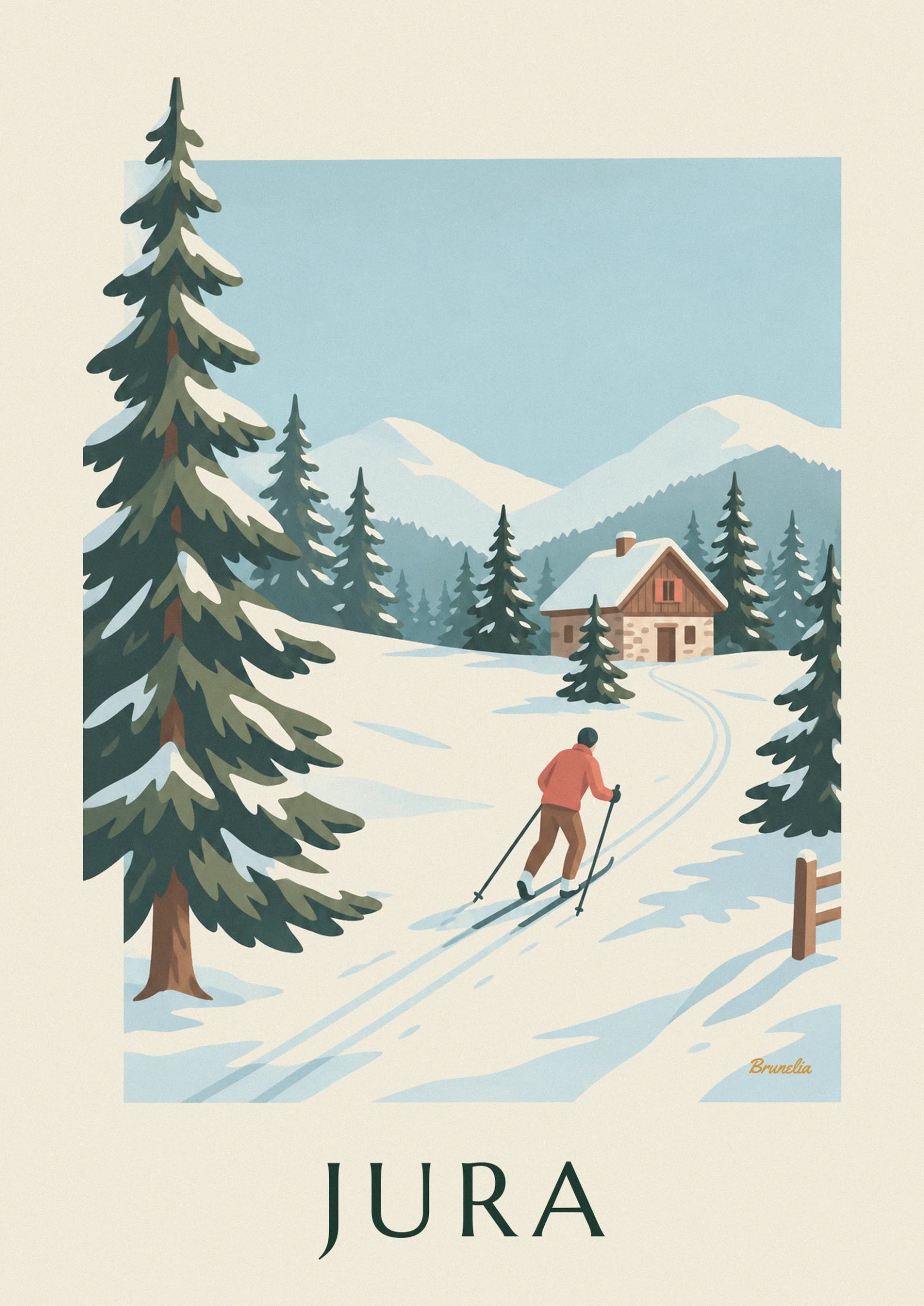 The skier seen from behind in a red jacket, with poles planted in the snow on the trail