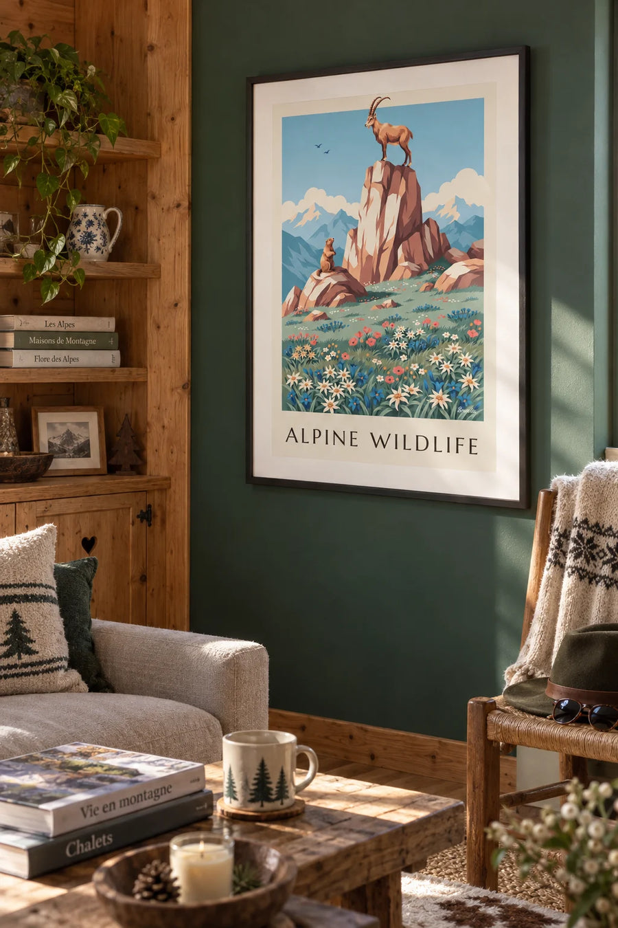 Affiche faune et flore des Alpes, bouquetin, marmotte et edelweiss : encadrée au mur