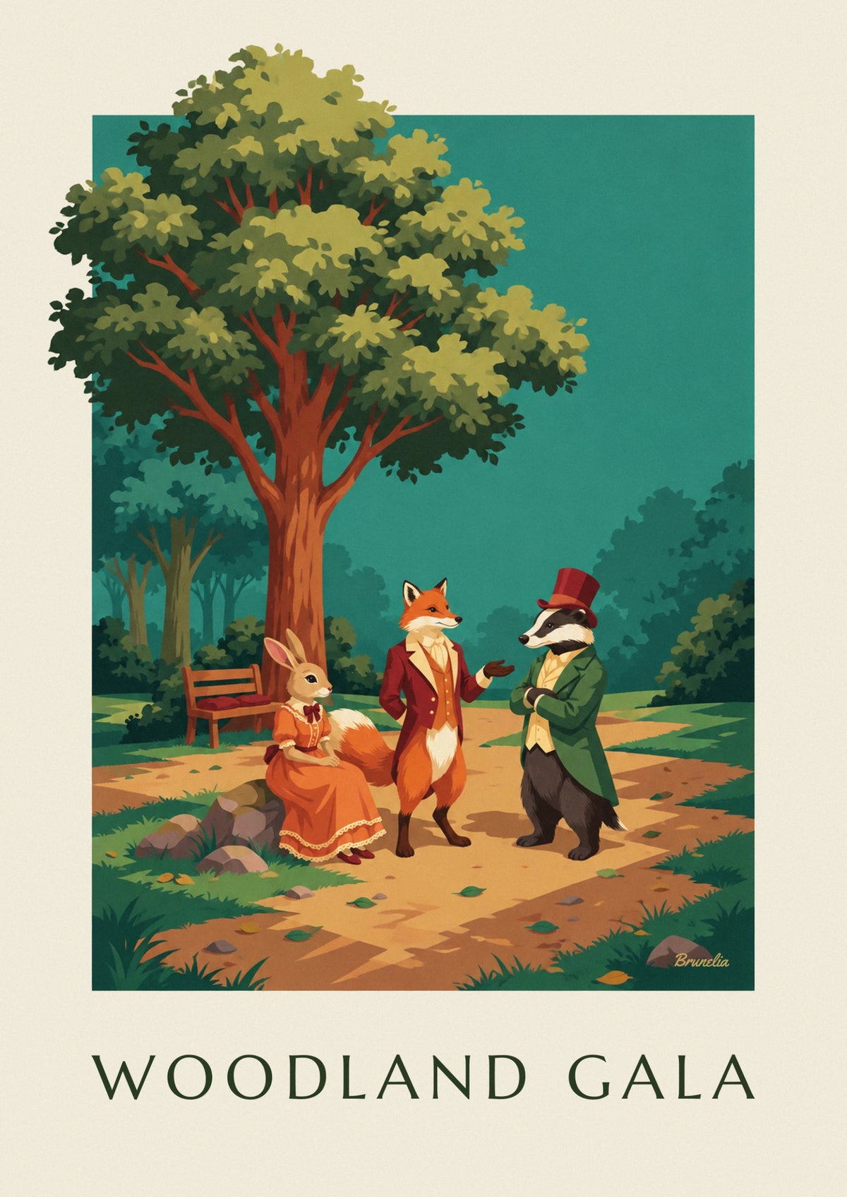 Woodland animals in costume in a clearing poster