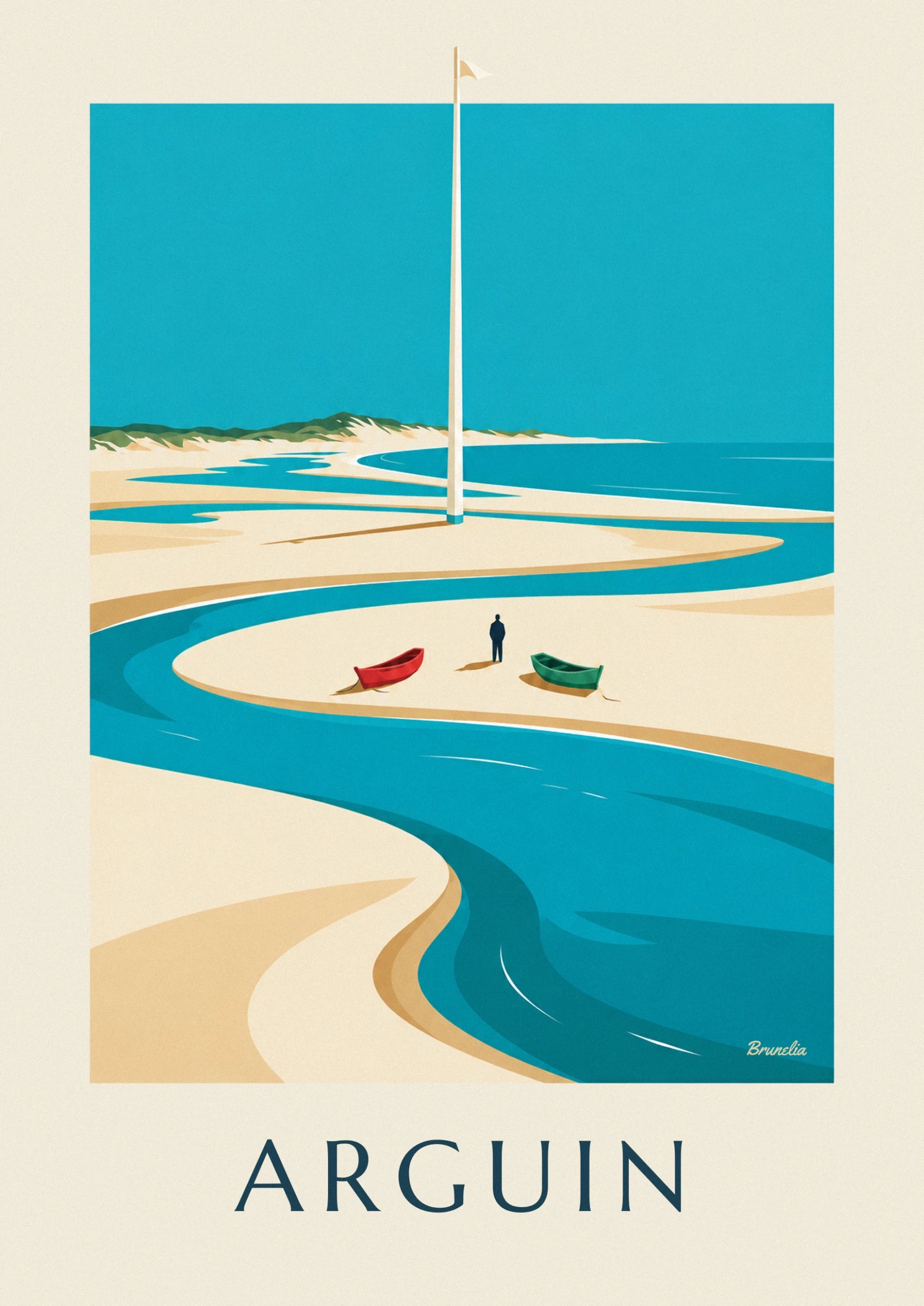 Le promeneur en veste sombre près d'une barque verte échouée sur le sable