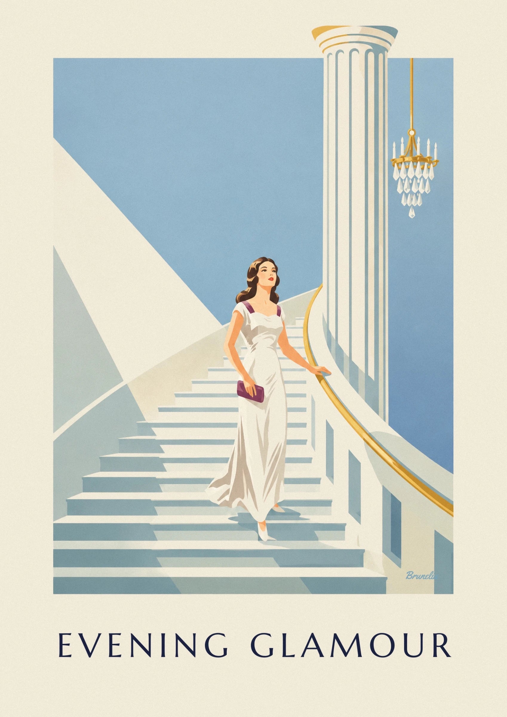 A woman in an ivory dress, holding a purple clutch, on the grand staircase