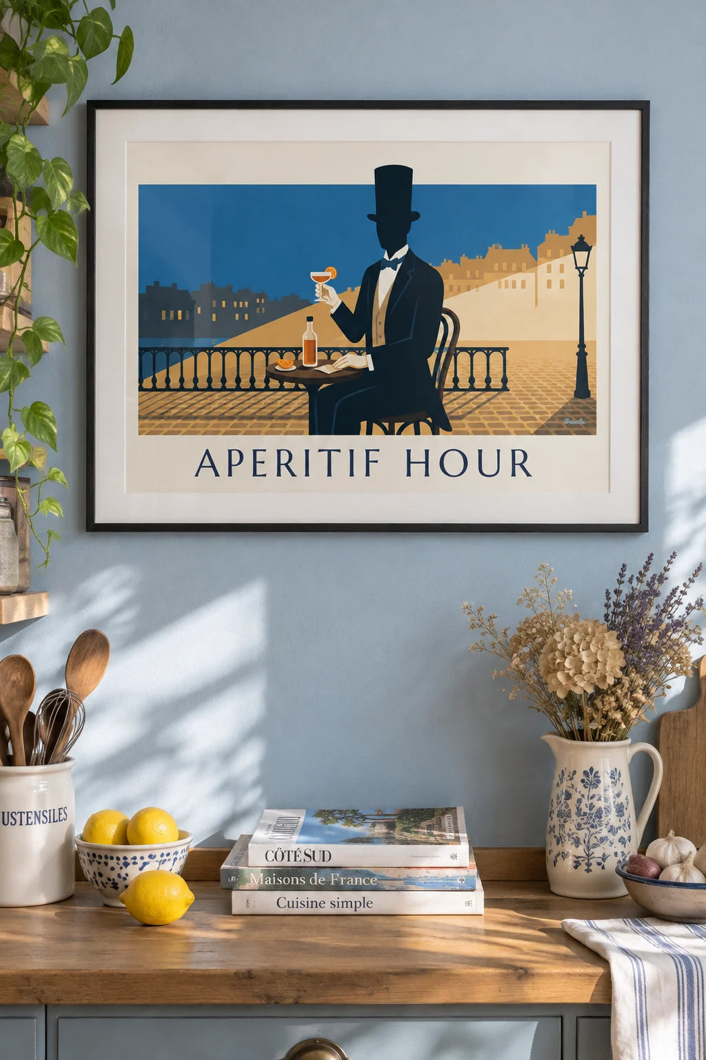 Mise en situation de Affiche homme en haut-de-forme et son verre d'apéritif