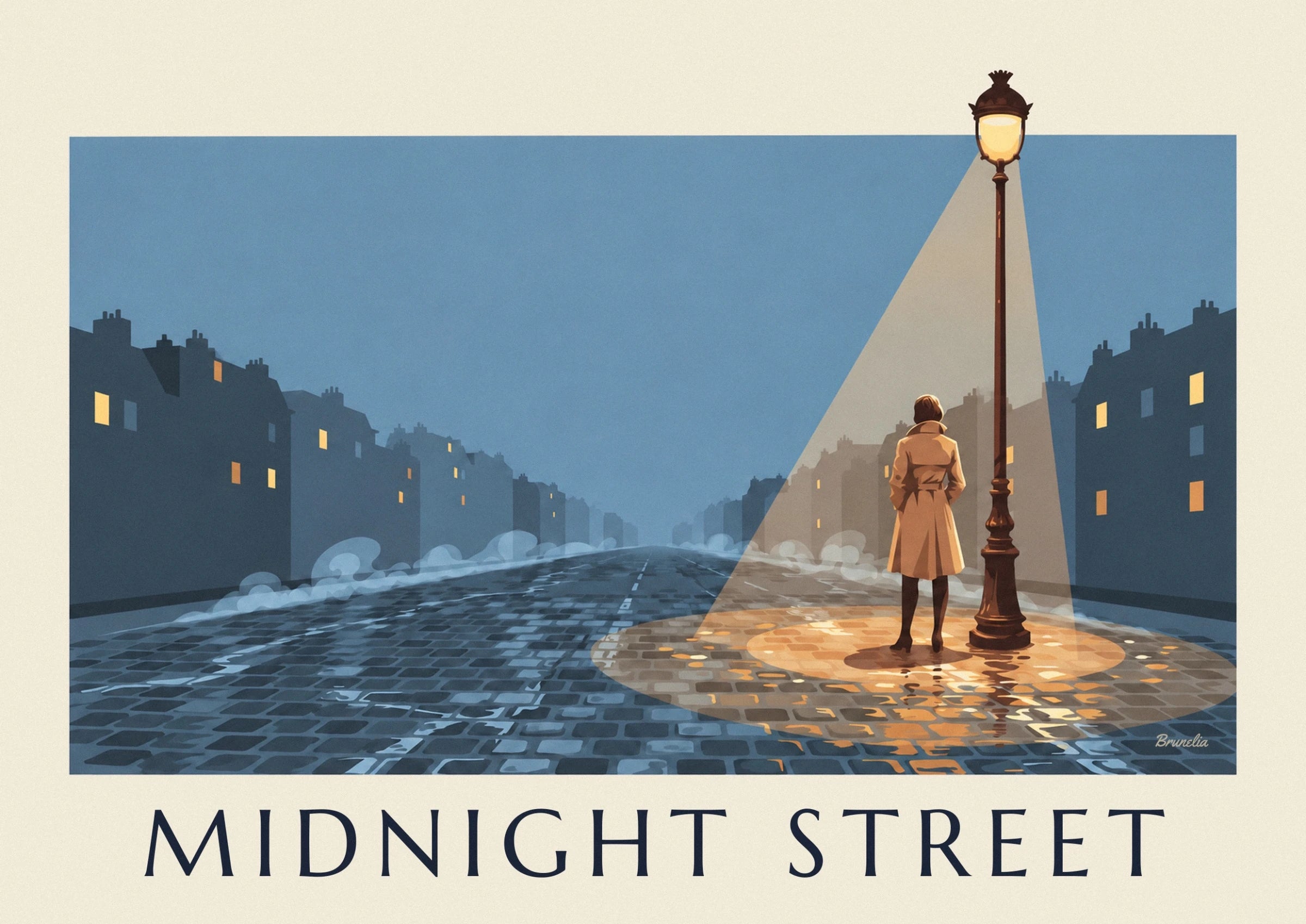 A woman seen from behind in a beige trench coat beside a street lamp, on the wet cobbles
