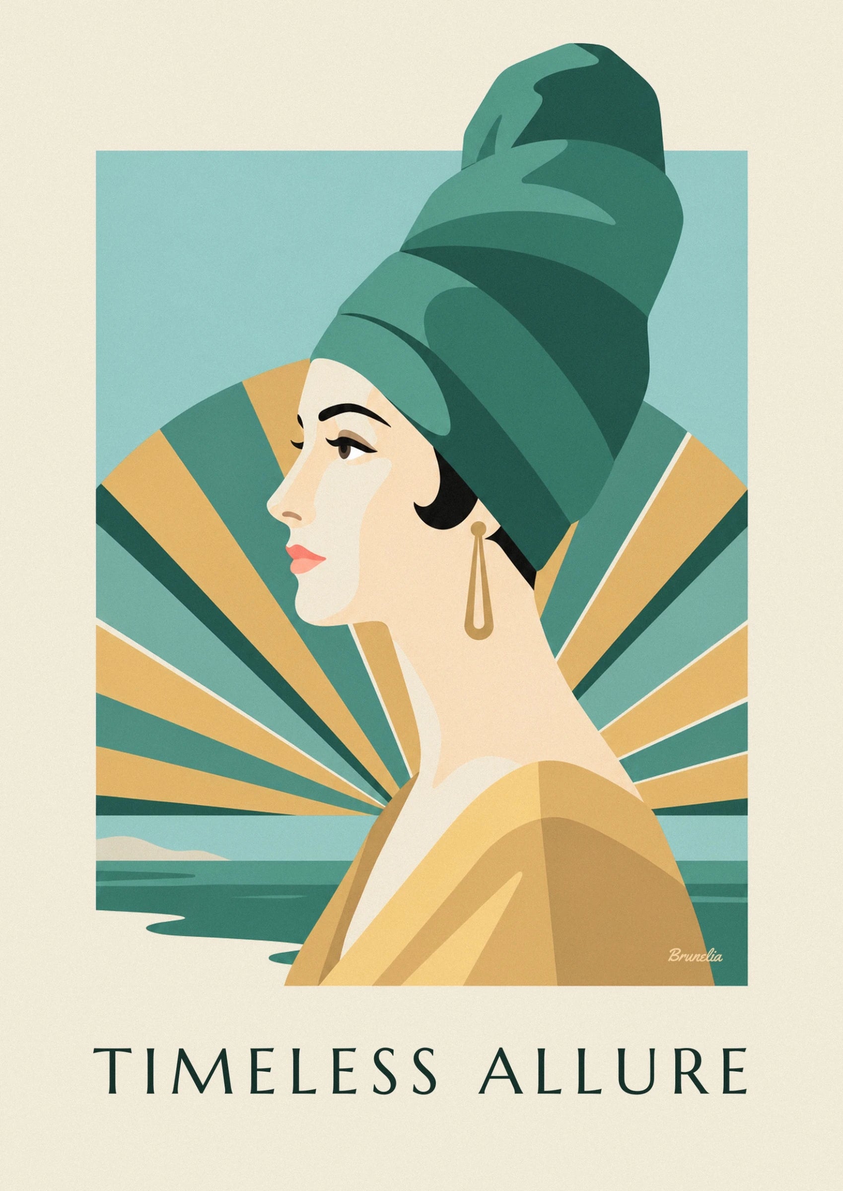 Le visage de profil aux lèvres corail, encadré d'un turban vert et de cheveux noirs