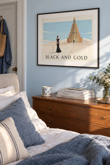 Poster of a glamorous woman in a black dress and gold jewelry: framed on the wall