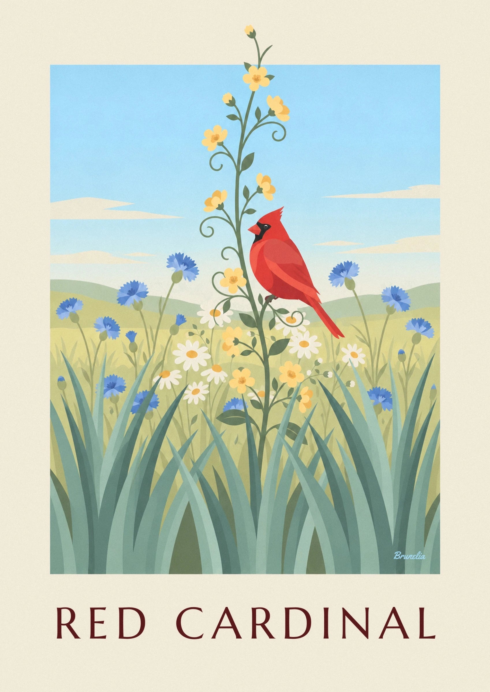 Le cardinal rouge au masque noir, perché parmi les marguerites et les fleurs bleues