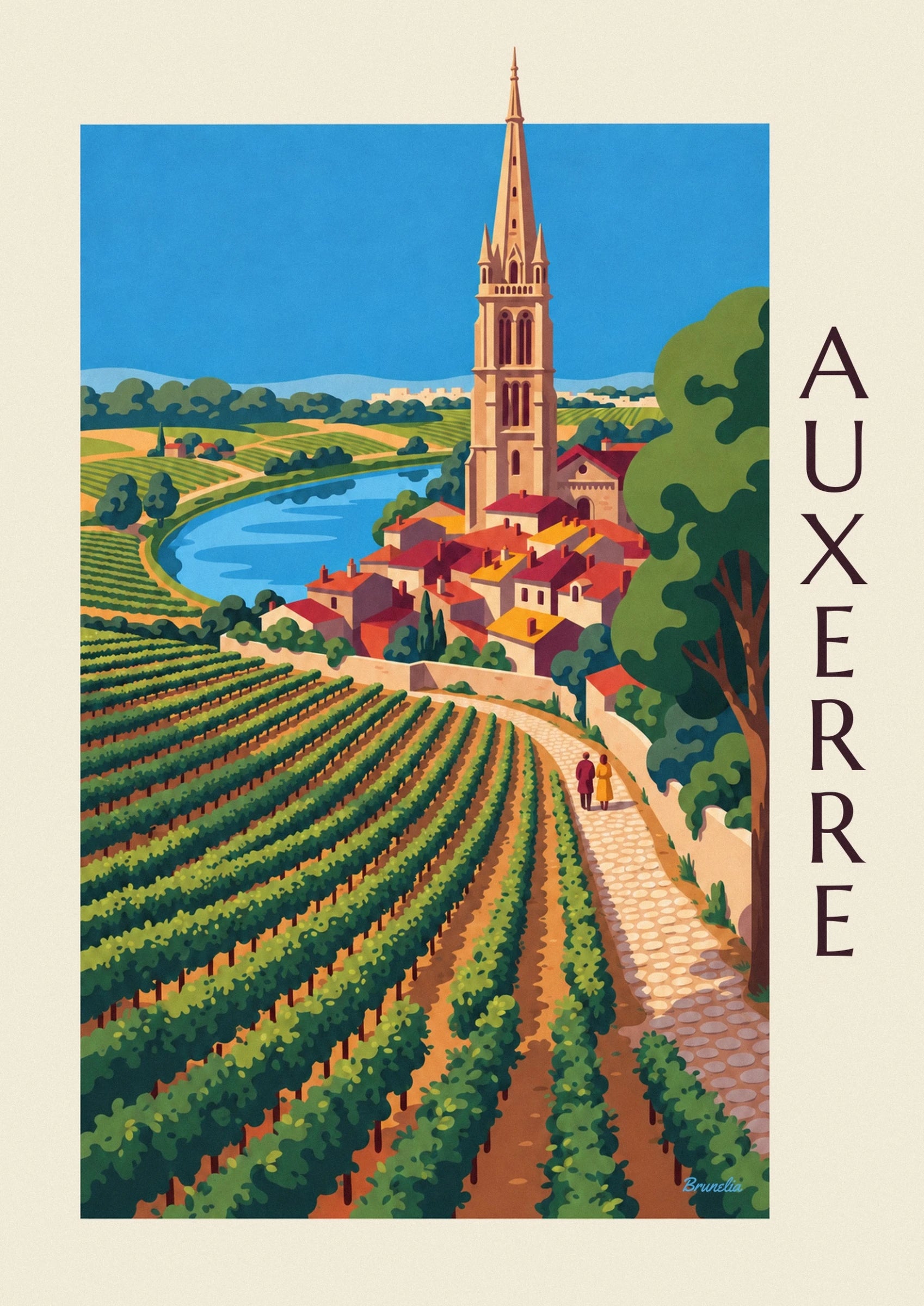 The cathedral’s ochre tower above red roofs and the Yonne