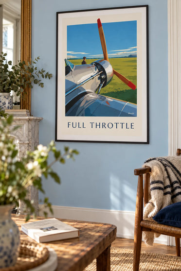 Poster of a chrome airplane engine and wooden propeller at the airfield: framed on the wall