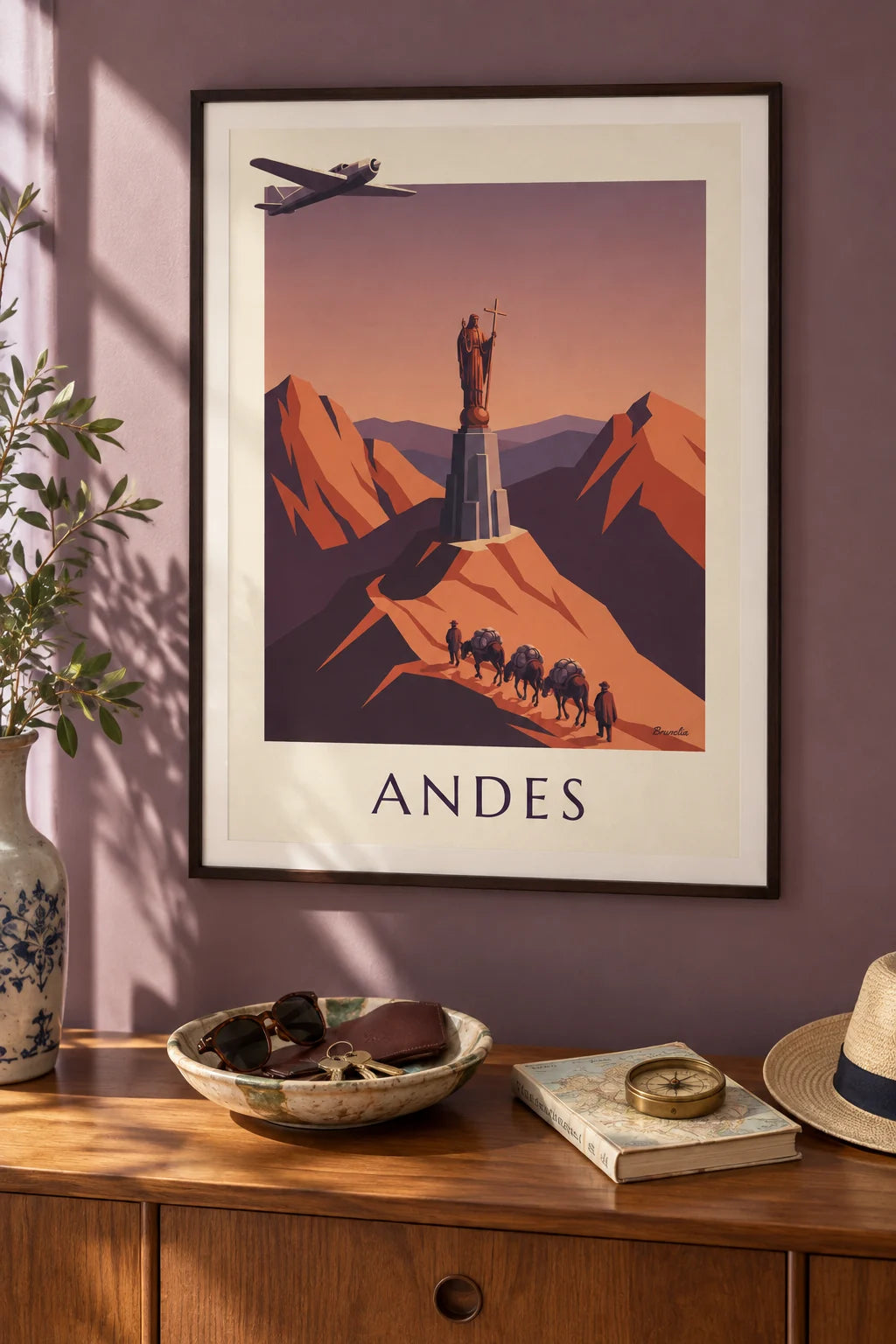 Affiche avion postal et caravane de mules dans les Andes : encadrée au mur