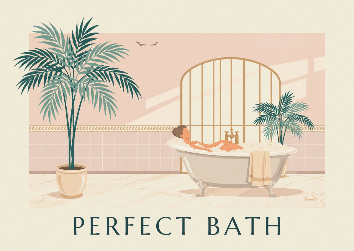 Woman in a bubble bath with green plants poster