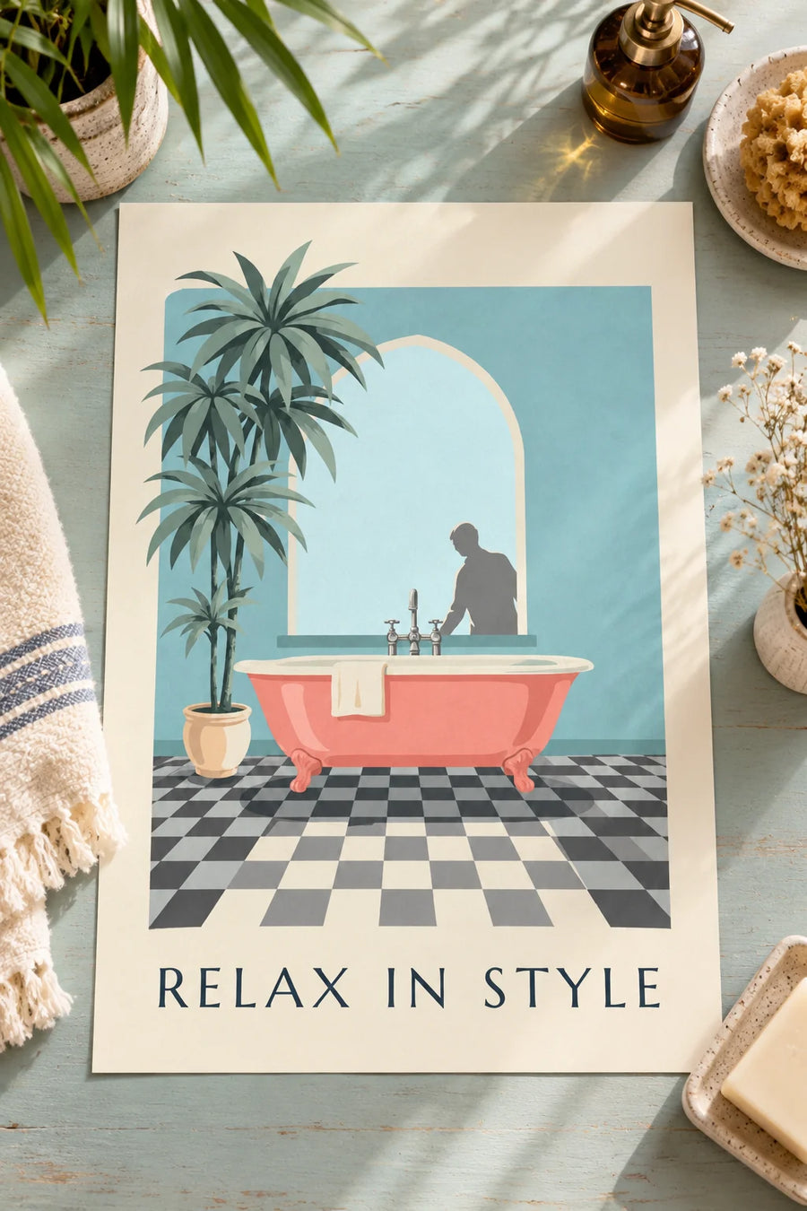 Affiche baignoire corail et carrelage à damier : posée sur une table