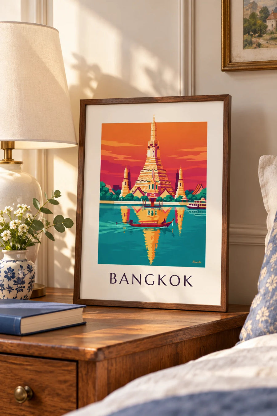 Juliste Wat Arun -temppeli joen rannalla Bangkokissa: pieni A4-juliste kehyksissä