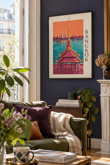 Poster of Wat Arun temple on the riverbank in Bangkok: framed on the wall