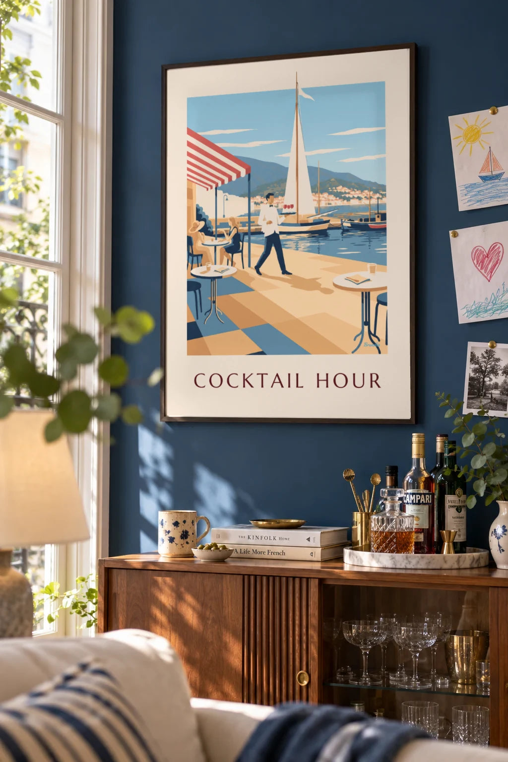 Kitchen: Waiter and aperitifs on a harbor terrace poster on the wall