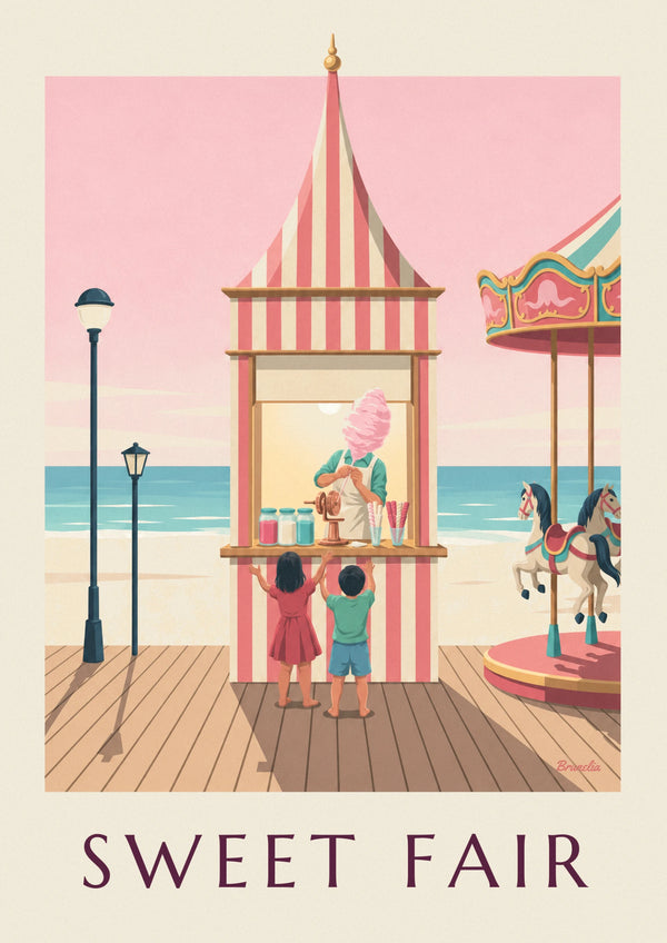 Affiche stand de barbe à papa dans une fête foraine au bord de mer