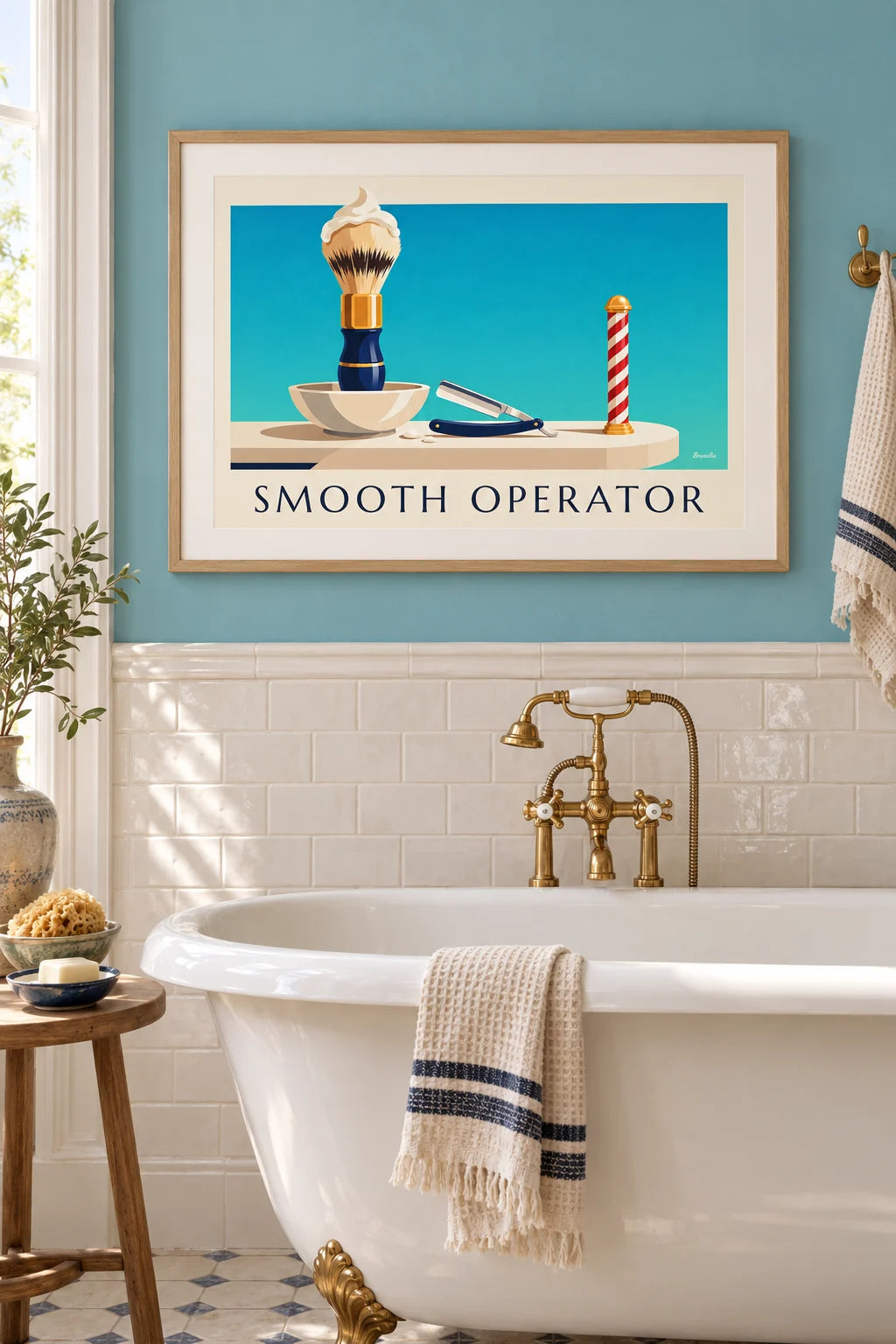 Straight razor and shaving brush in lather bowl poster on the wall