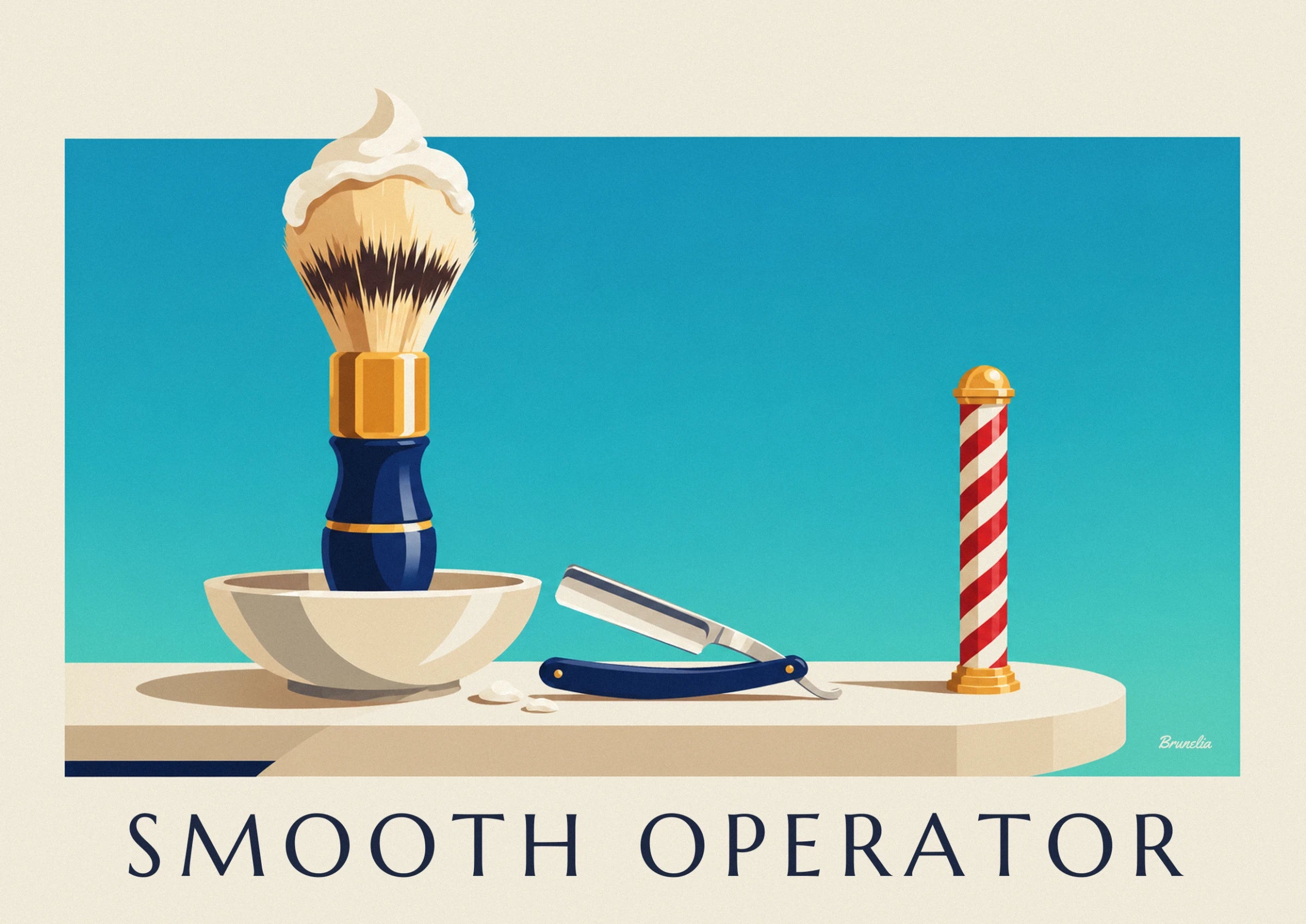 The foamy shaving brush with its navy blue handle and golden band, against a turquoise background