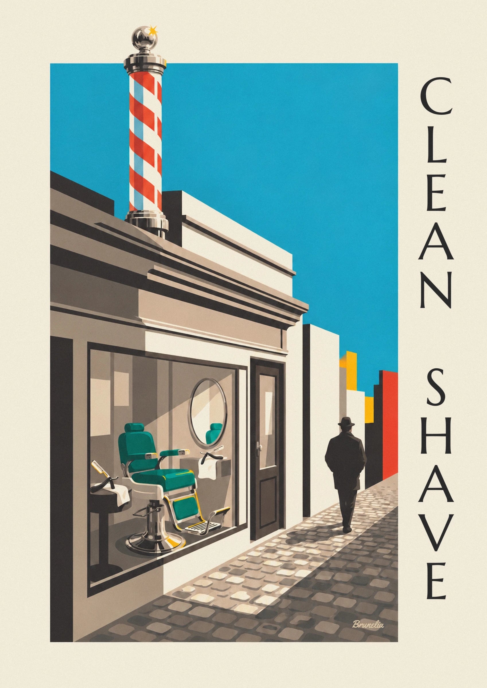 The red and blue striped barber's pole on its chrome base, beneath a turquoise sky