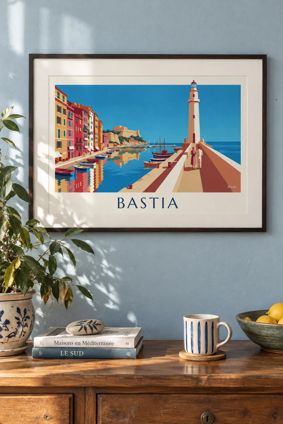 Affiche vieux port de Bastia et ses façades colorées en Corse : encadrée au mur