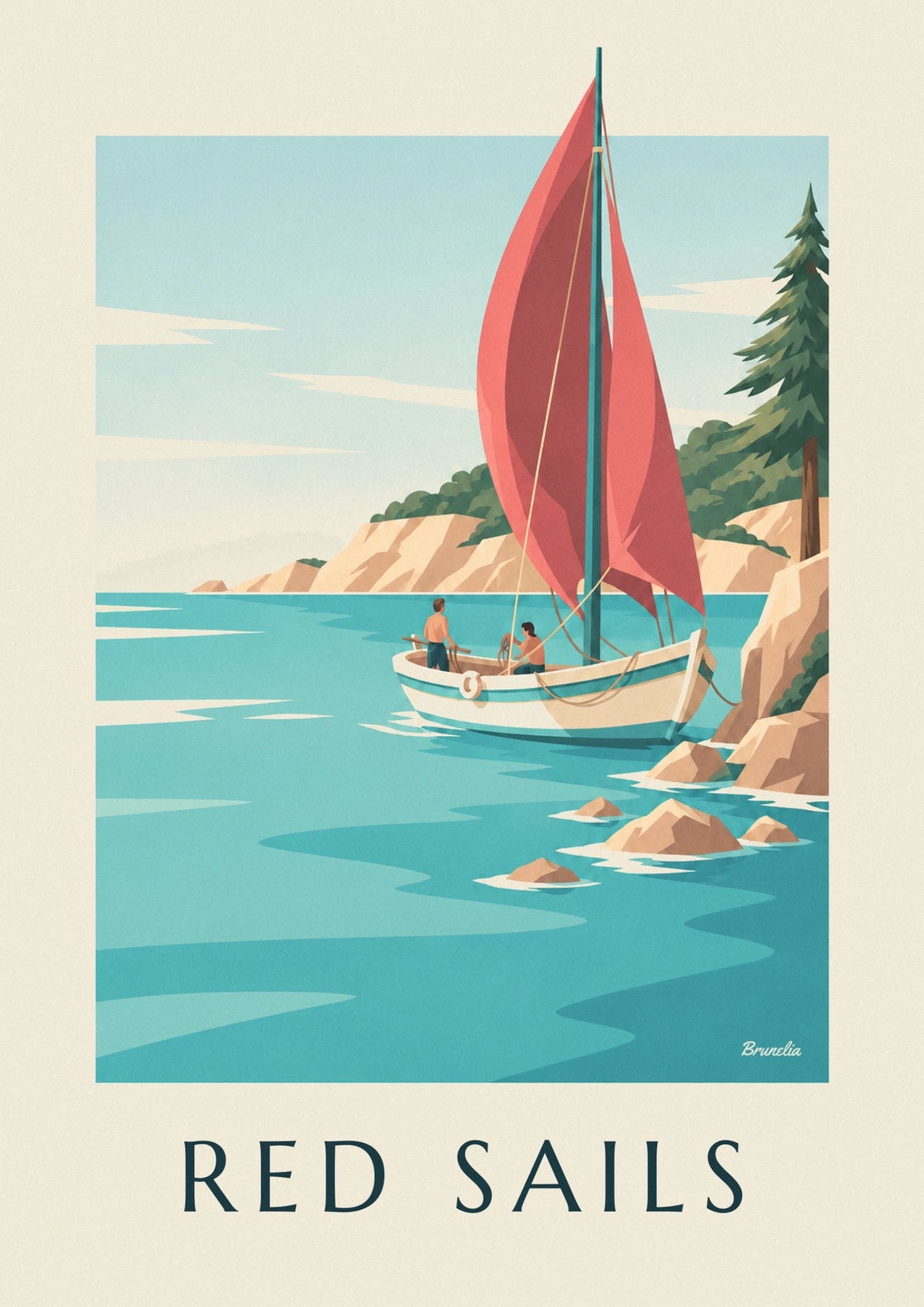 Catalan fishing boat with red lateen sails poster
