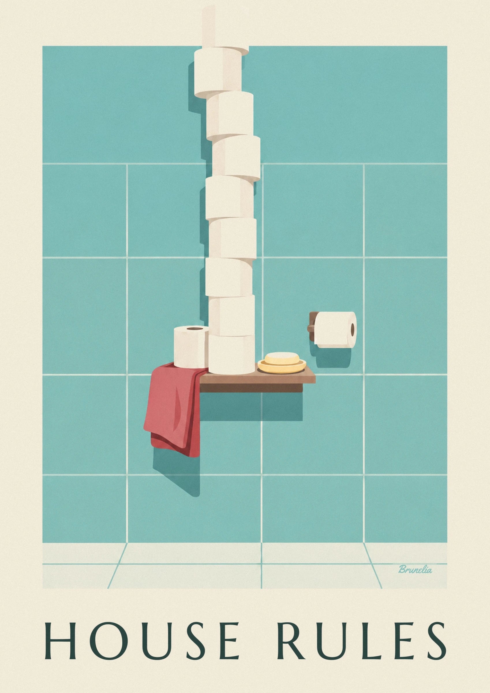 A stack of white toilet rolls in front of turquoise tiles