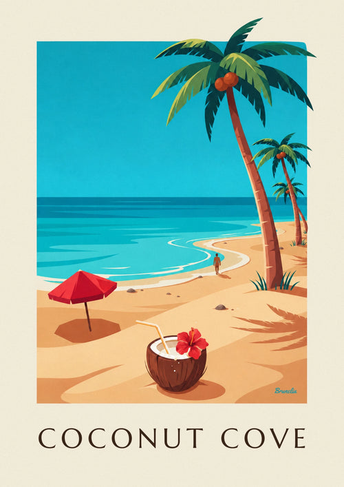 Poster of a cocktail served in a coconut on a tropical beach: the full poster